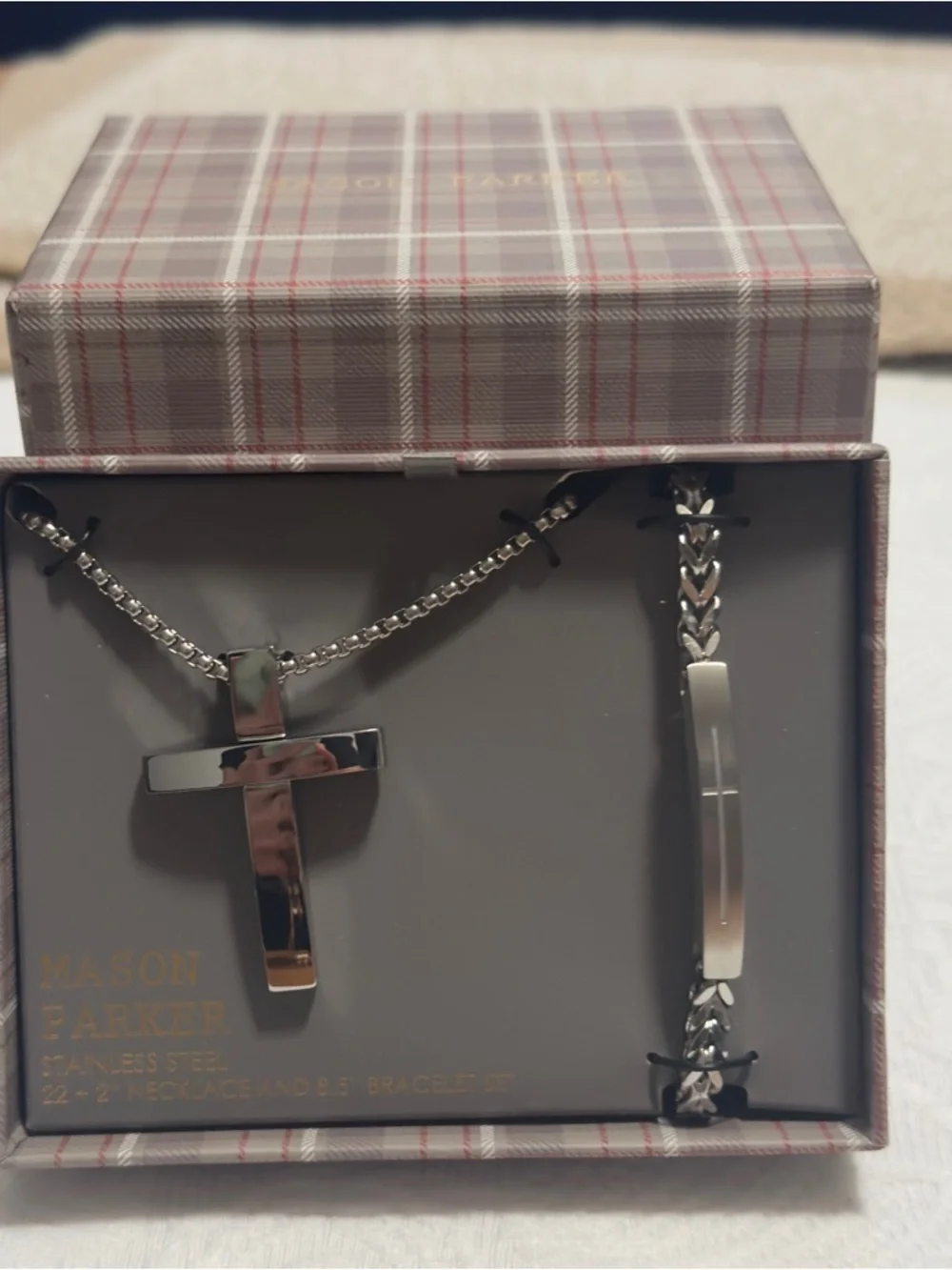 NEW Mason Parker Stainless Steel Men’s Cross Necklace & Bracelet Set